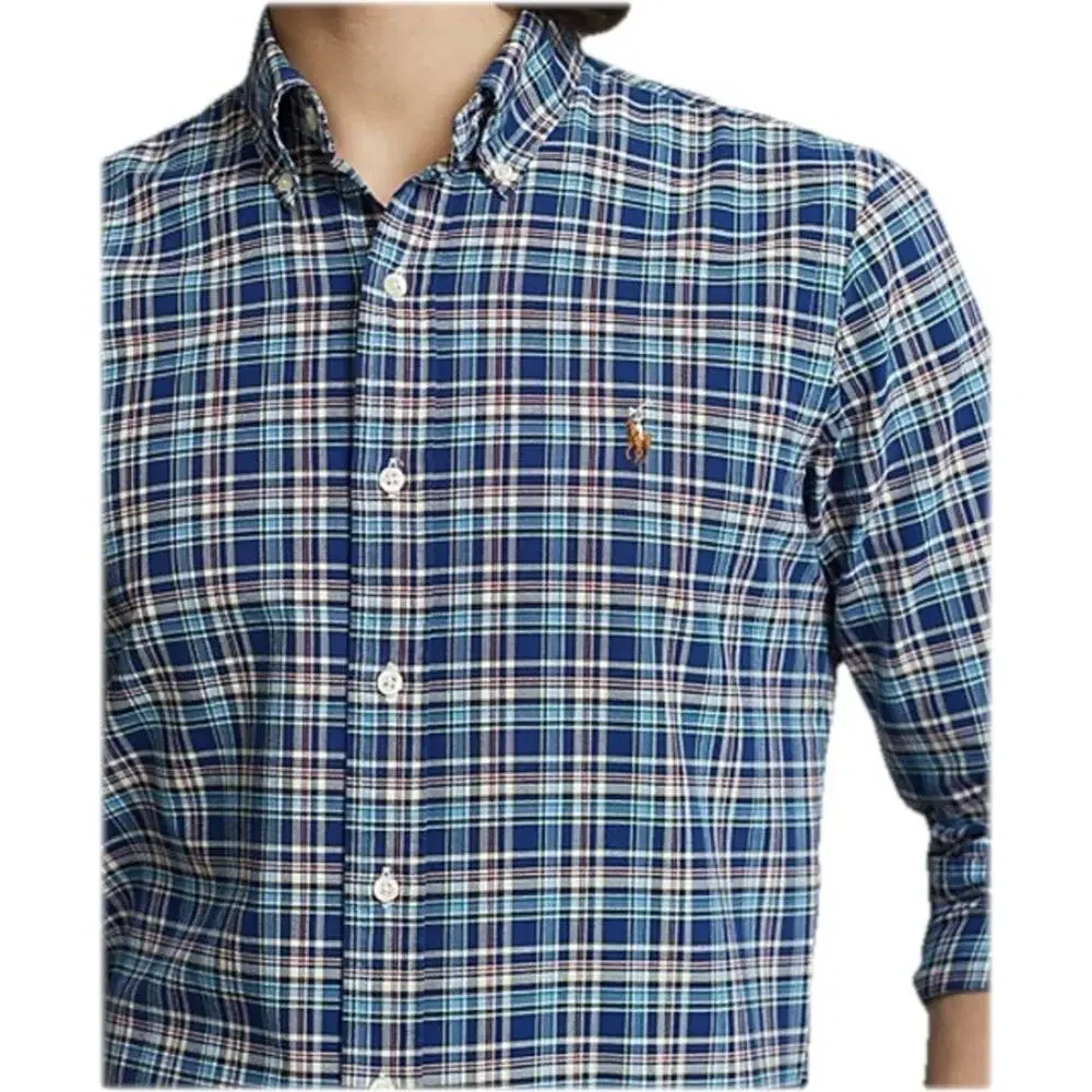 Polo‎ Ralph Lauren Men's Classic Fit Plaid Oxford Size Medium Preppy Blue Plaid